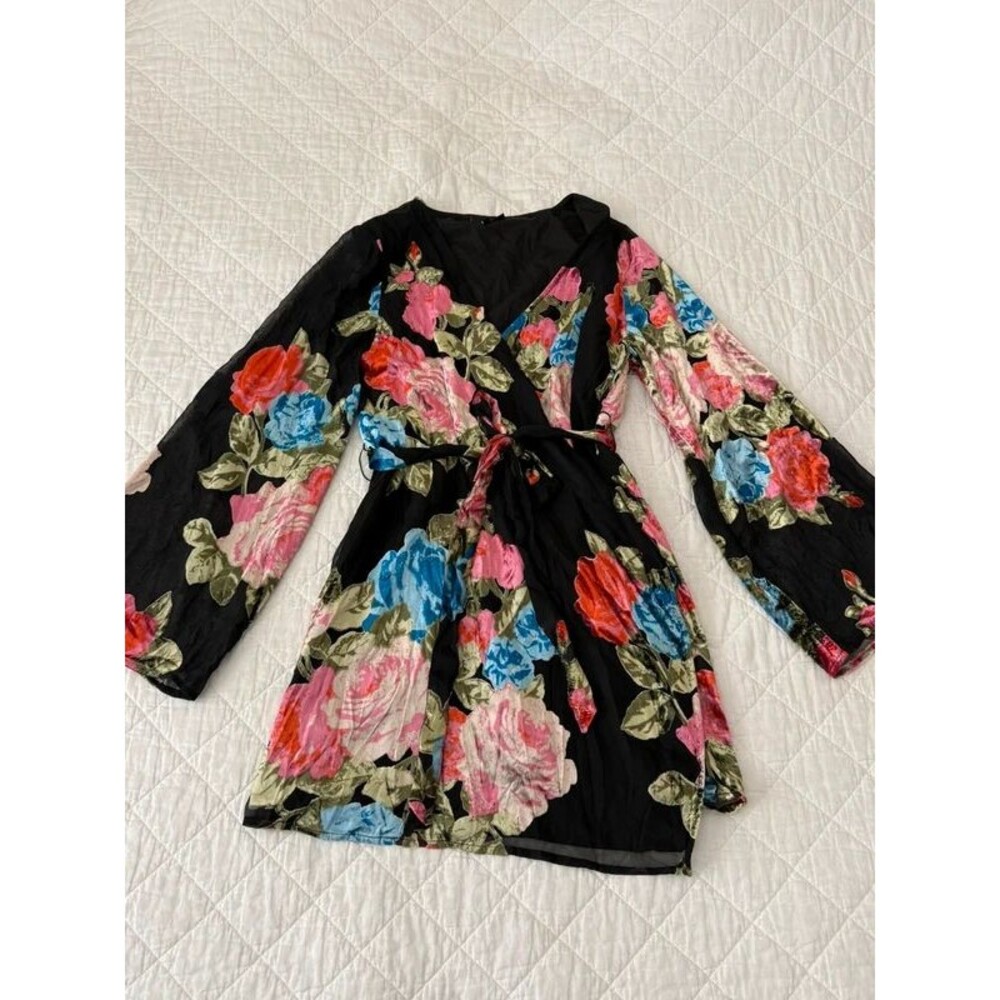 VICI Small Black Velvet Floral Burnout True Wrap Dress Bell Sleeve Waist Tie